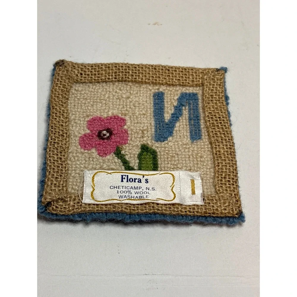 Flora's Cheticamp NS Hooked Rug Wool Mat Letter N Floral Blue Vintage 4